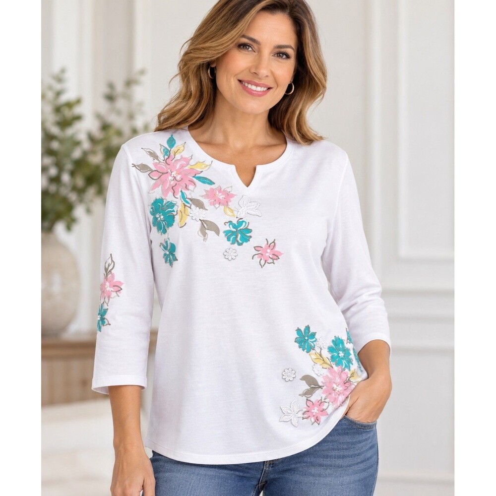 Koret Francisca Women's L 14-16 White Floral Embroidered 3/4 Sleeve Top Vintage